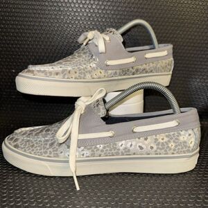 Sperry Top Sider White Gray Silver Leopard Canvas Lace Up Boat Shoes Size 9M